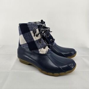 Sperry Women's Duck Boots Plaid‎ Upper Navy Rubber Waterproof Ankle Size 6.5